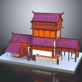 Cartoon Scene Of Traditional Chinese Architecture With Red Roofs Purple Tiles And Curved Eaves