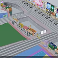 Vibrant Commercial Street Featuring Colorful Billboards Outdoor Seating Evening Lighting and Shopfronts