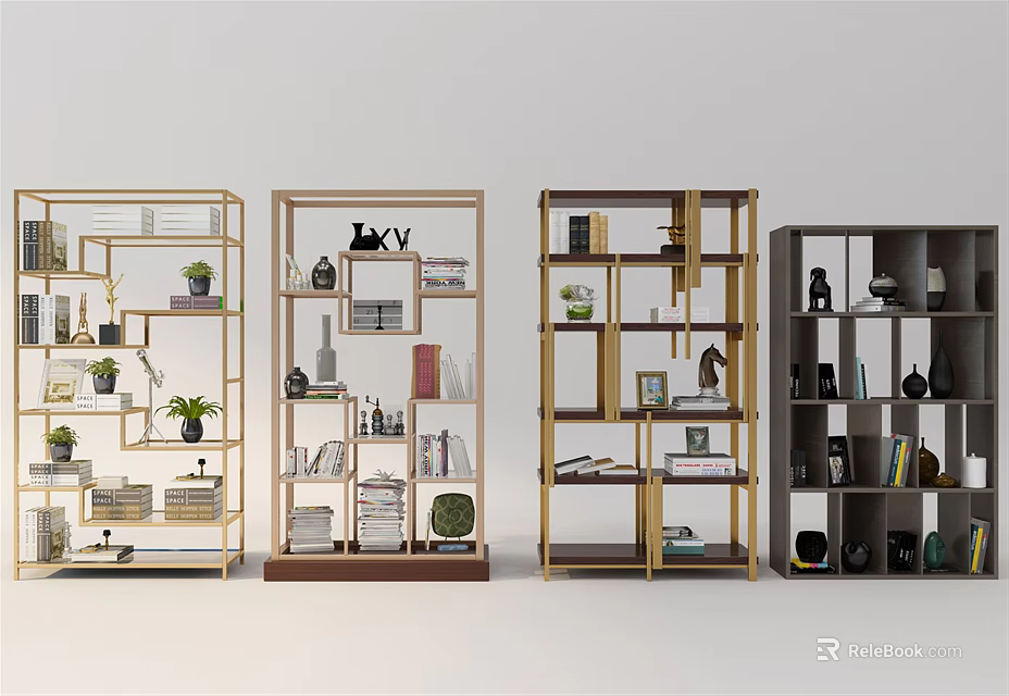 Modern Bookcases With Different Designs Metal Frames Wooden Shelves And Decor 3d model 