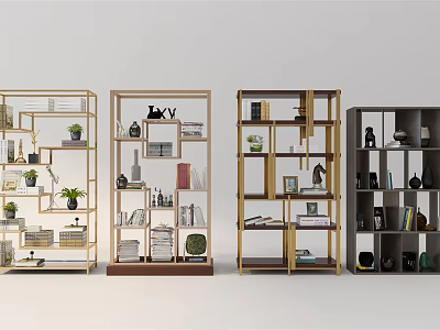 Modern Bookcases With Different Designs Metal Frames Wooden Shelves And Decor 3d model