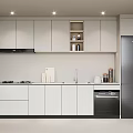 Modern Kitchen Interior With White Wall And Base Cabinets Open Shelf And Stainless Steel Appliances