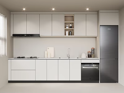Modern Kitchen Interior With White Wall And Base Cabinets Open Shelf And Stainless Steel Appliances 3d model
