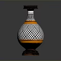 Ceramic Vase Shaped Sculpture Carving with Black and White Grid and Orange Accent Band Design