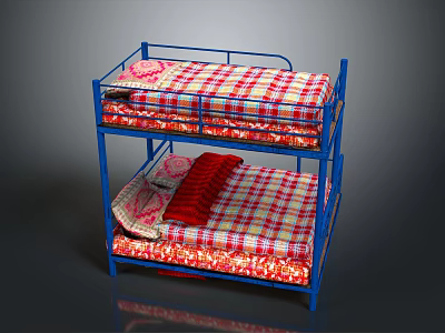 Blue Frame Bunk Bed With Red And White Checkered Bedding Design 3d model