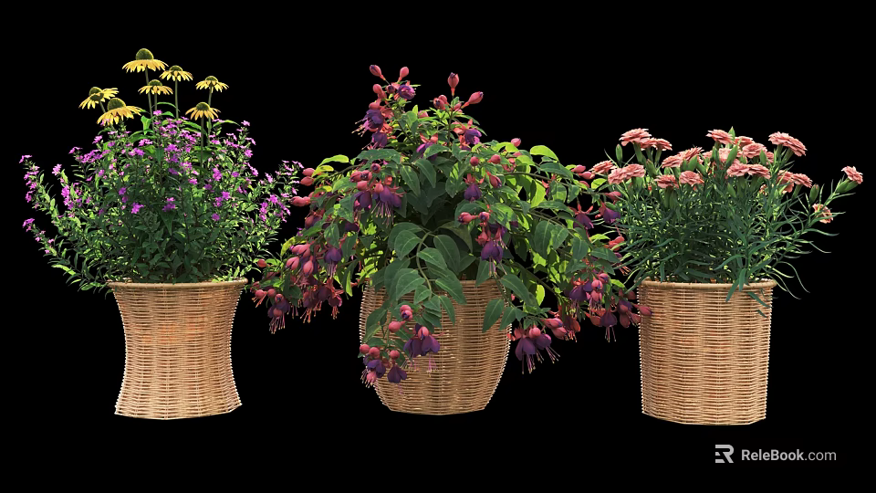 Bonsai Potted Plants in Woven Baskets with Purple Pink Yellow Flowers and Lush Green Leaves 3d model 