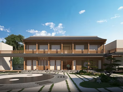 Traditional Chinese Ancient Architecture Courtyard With Tile Roof Wooden Structure And Pool 3d model