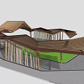 Wooden Pergola Structure With Sloped Roof Vertical Slat Columns And Grass Area