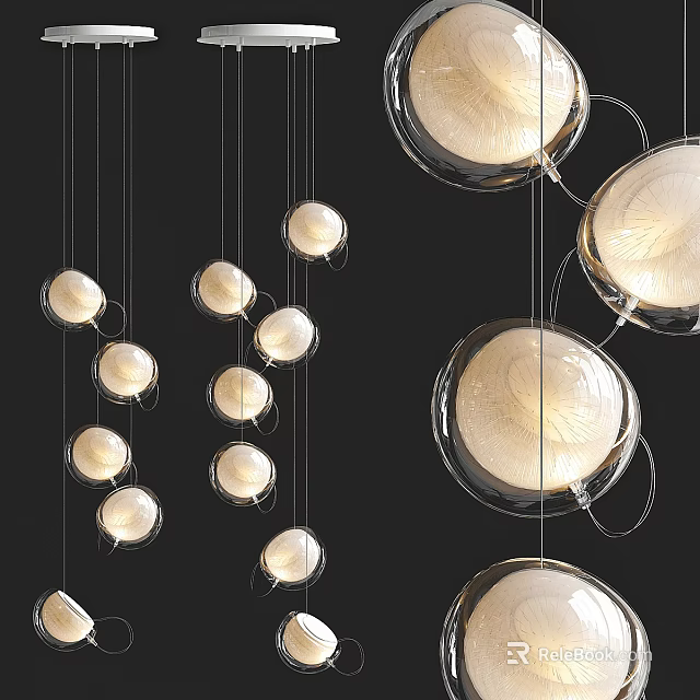 Elegant Modern Interior Design With Hanging Spherical Glass Chandeliers And Illuminated Globes 3d model 