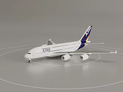 White A380 Airplane Model With Blue Tail Fin And Brand Logo On Gray Background 3d model
