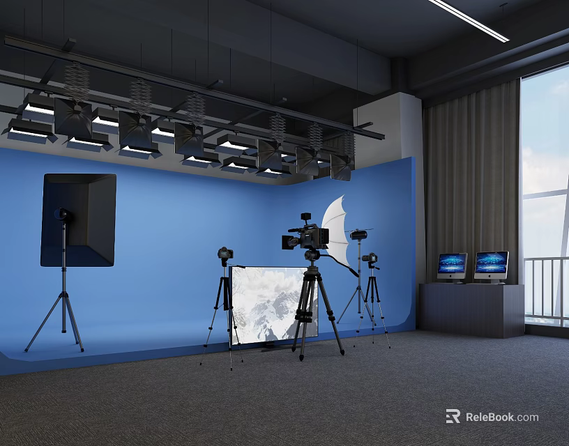 Professional Photography Studio Setup With Blue Backdrop Lighting Cameras And Monitors 3d model 