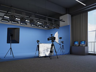 Professional Photography Studio Setup With Blue Backdrop Lighting Cameras And Monitors 3d model