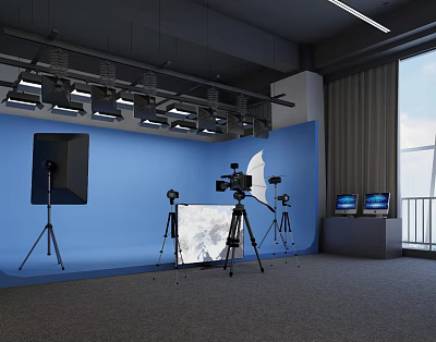Professional Photography Studio Setup With Blue Backdrop Lighting Cameras And Monitors 3d model