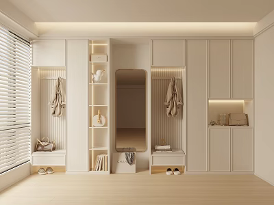 Modern White Shoe Cabinet Interior Design With Mirror LED Lighting Clothing Hanging And Storage 3d model