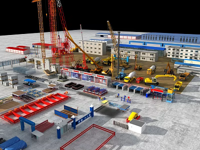 Active Construction Site With Tower Cranes Heavy Machinery And Building Materials 3d model