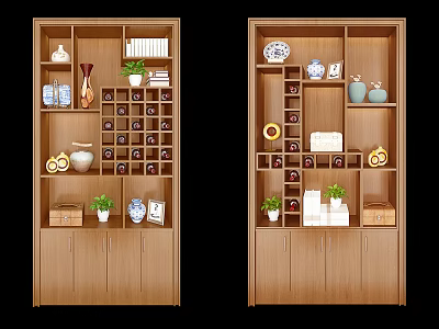Wooden Wine Cabinet With Multiple Shelves Decorative Items Potted Plants And Tea Sets 3d model