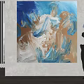 Large Abstract Painting With Blue White Brown Hues And Black Sculpture With Blue Top