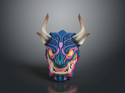 Detailed Fantasy Game Movie Character Head With Colorful Horns Glowing Yellow Eyes And Sharp Teeth 3d model