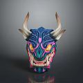 Detailed Fantasy Game Movie Character Head With Colorful Horns Glowing Yellow Eyes And Sharp Teeth