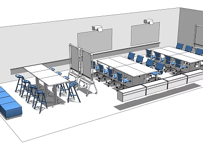 Professional Meeting Room Interior With Conference Tables Blue Chairs And Whiteboards 3d model