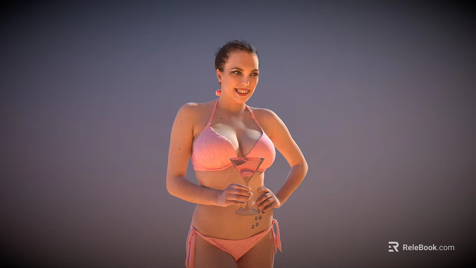 Woman Wearing Pink Bikini Holding Cocktail Glass Against Gray Background 3d model 
