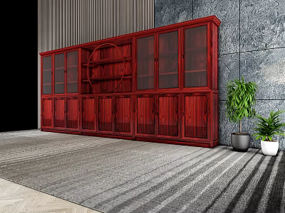 Red Wooden Bookcase With Glass Doors And Green Plants Near Gray Wall 3d model