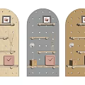 Modern Wall Decor With Wooden Shelves Gray Beige Photo Frames And Vases