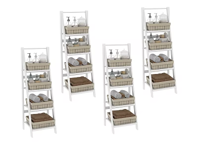 Bathroom Accessories Displayed on White Ladder Style Shelves with Towels Baskets and Bottles 3d model