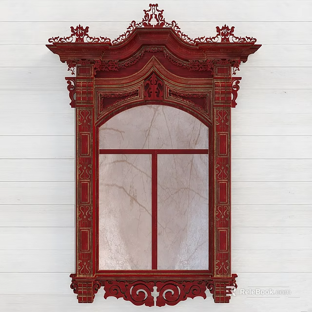Red Carved Window Frame With Intricate Carvings On White Wall Surface 3d model 