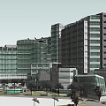 Modern Architectural Complex With Glass Curtain Walls Central Plaza And Palm Trees