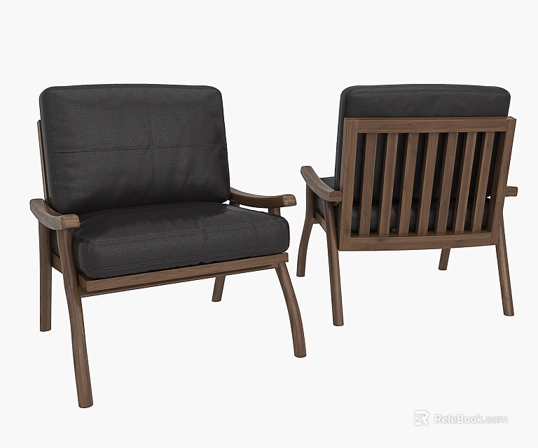 Modern Black Upholstered Single Sofa with Walnut Wooden Frame Slatted Backrest and Armrests 3d model 