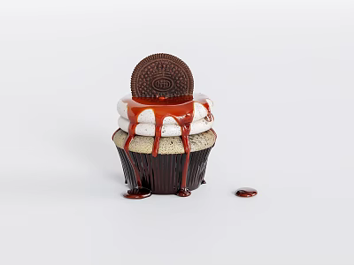 Delicious Cupcake With Oreo Cookie Dripping Red Sauce And Cream Layers In Dark Paper Liner 3d model
