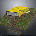 Children's Yellow Toy House Model With Pink Pillars And Transparent Windows On Green Grass Base