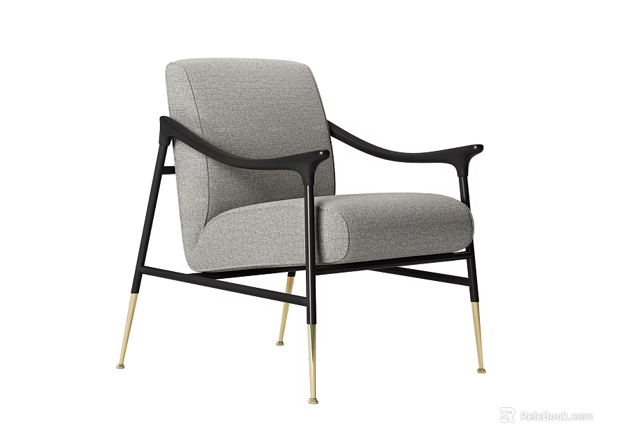 Modern Gray Single Sofa with Black Armrests and Gold Metal Legs Design 3d model 