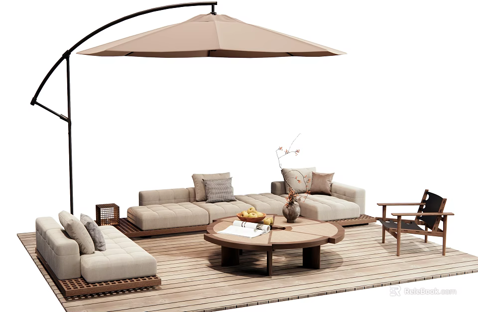 Comfortable Outdoor Sofa on Wooden Deck with Round Coffee Table and Cantilever Umbrella 3d model 