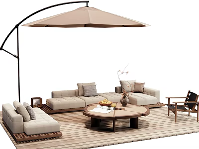 Comfortable Outdoor Sofa on Wooden Deck with Round Coffee Table and Cantilever Umbrella 3d model