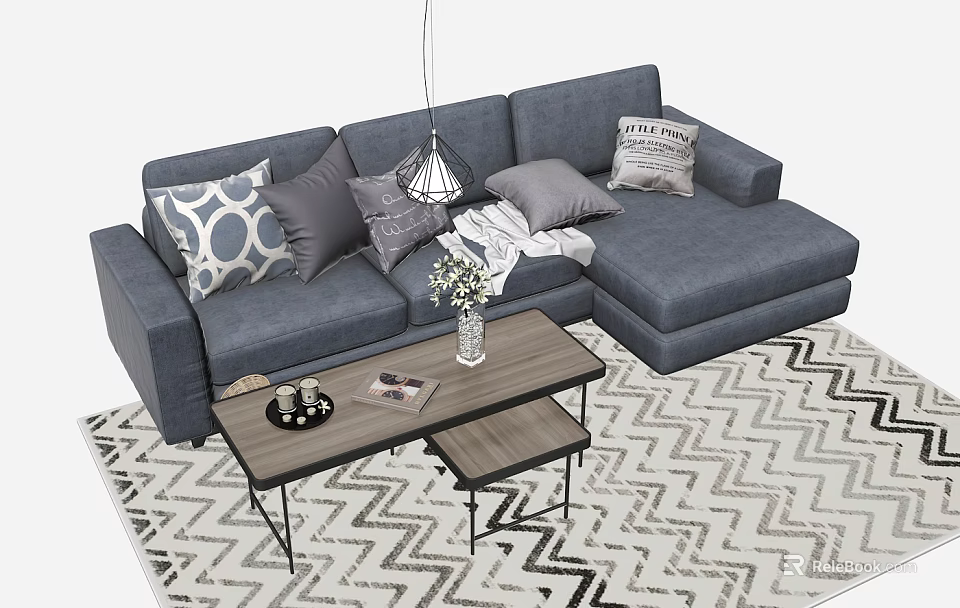 Gray L Shaped Sectional Sofa with Decorative Pillows Coffee Table and Zigzag Rug 3d model