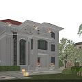 Elegant Detached Villa With Red Roof Columns Balcony And Green Garden Surroundings