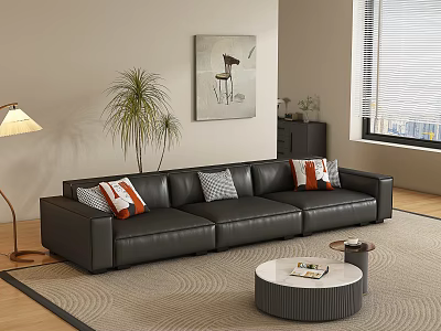 Black Leather Sectional Sofa With Decorative Pillows Floor Lamp Area Rug And Round Coffee Table 3d model