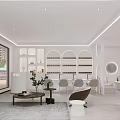 Spacious Modern Beauty Hair Salon Interior With Comfortable Treatment Beds And Framed Posters