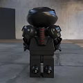 Lego Style Game And Movie Character With Black Armor And Red Eyes In Industrial Studio