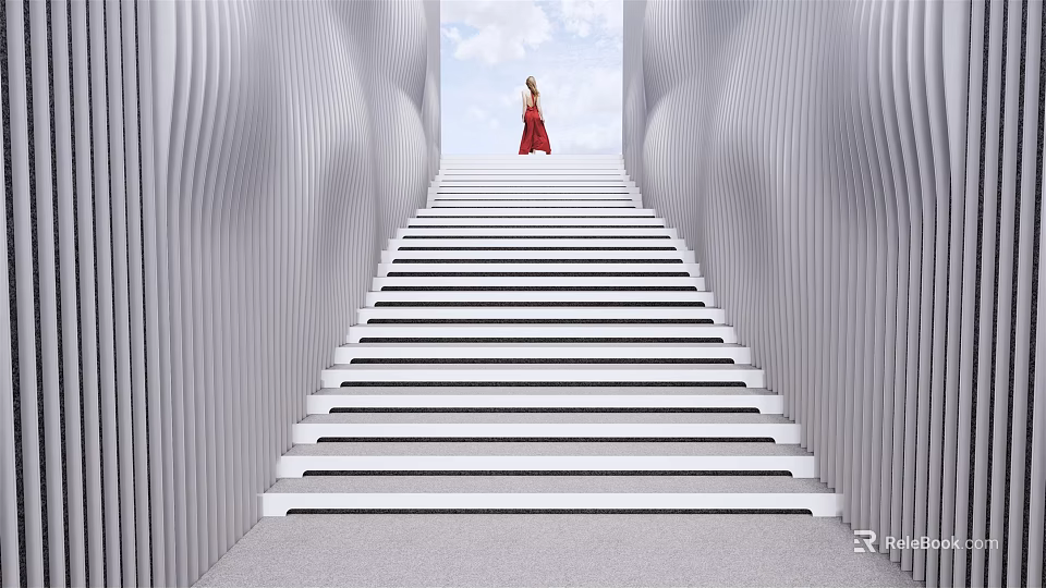White Stairs with Wavy Silver Walls Person in Red Dress at Top Blue Sky Clouds 3d model 