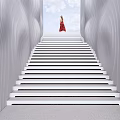 White Stairs with Wavy Silver Walls Person in Red Dress at Top Blue Sky Clouds