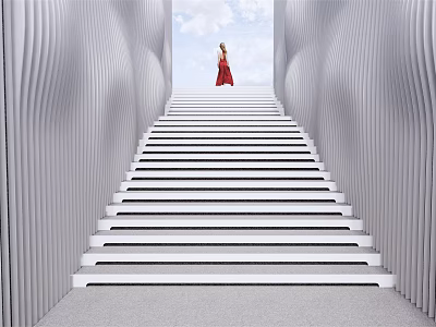 White Stairs with Wavy Silver Walls Person in Red Dress at Top Blue Sky Clouds 3d model