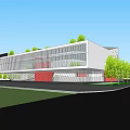 Modern Architectural Building With Unique Geometric Shape White Exterior And Red Accents