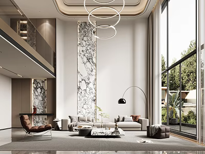 Modern Duplex Living Room With High Ceiling And Large Windows 3d model