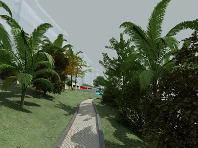 Garden Landscape With Stone Path Green Grass And Lush Palm Trees 3d model