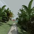 Garden Landscape With Stone Path Green Grass And Lush Palm Trees
