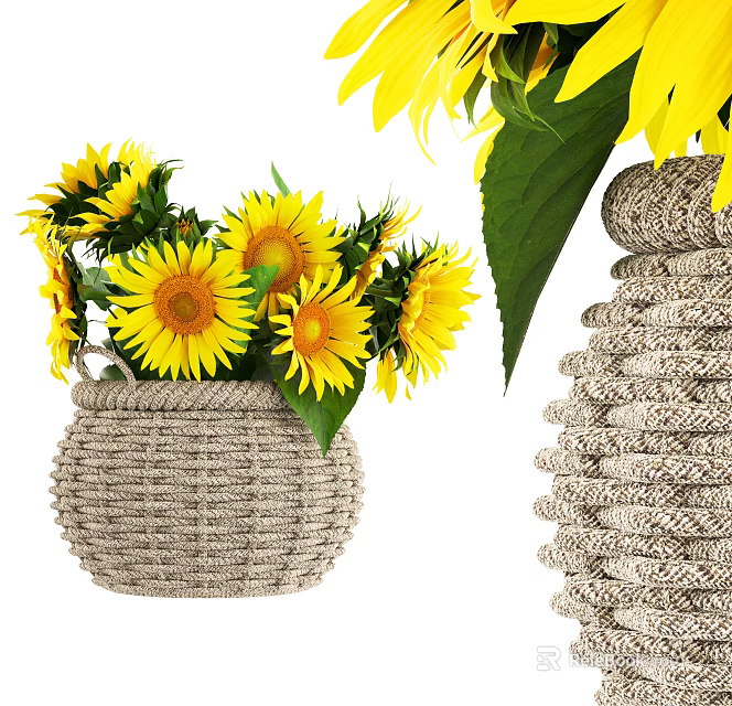 Woven Basket Vase With Vibrant Yellow Sunflowers And Green Leaves For Home Decor 3d model 