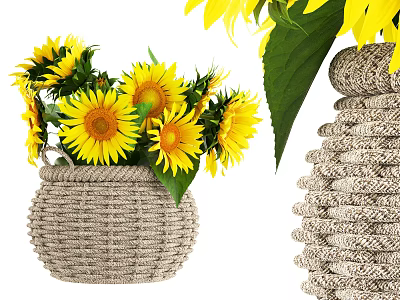Woven Basket Vase With Vibrant Yellow Sunflowers And Green Leaves For Home Decor 3d model