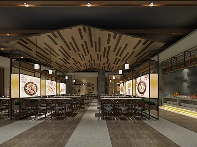 Traditional Hotpot Restaurant Interior With Wooden Ceiling Lanterns And Screens Displaying Food 3d model